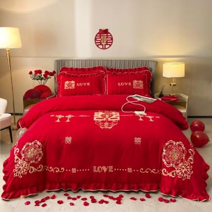 宜凡家纺 2023新款亲肤磨毛婚庆夹棉床裙四件套 甜蜜蜜