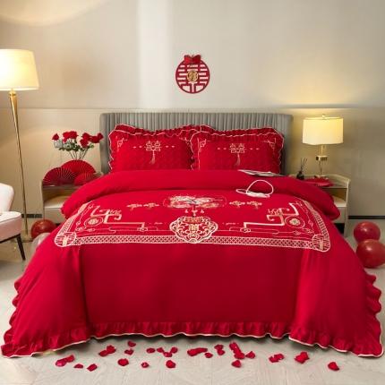 91家纺网 家纺一手货源 找家纺 宜凡家纺 2023新款亲肤磨毛婚庆夹棉床裙四件套 花前月下