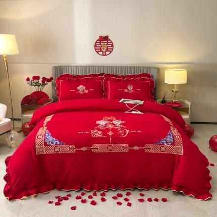 91家纺网 家纺一手货源 找家纺 宜凡家纺 2023新款亲肤磨毛婚庆夹棉床裙四件套 百年好合