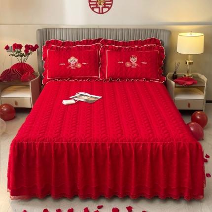 91家纺网 家纺一手货源 找家纺 宜凡家纺 2023新款亲肤磨毛婚庆夹棉床裙三件套 百年好合