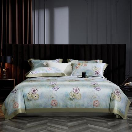 91家纺网 家纺一手货源 找家纺 缔缦 2023新款100s长绒棉拼角款数码印花四件套 旖旎-绿