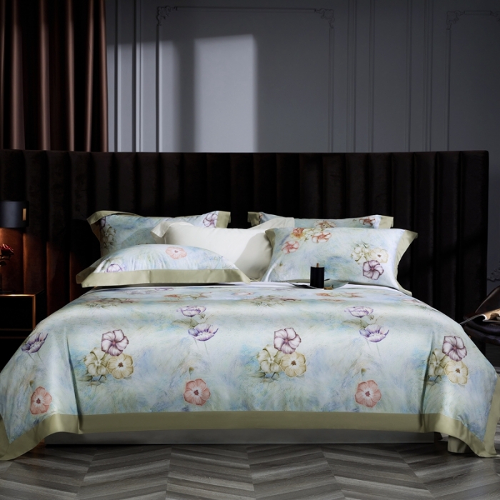 91家纺网 家纺一手货源 找家纺 缔缦 2023新款100s长绒棉拼角款数码印花四件套 旖旎-绿