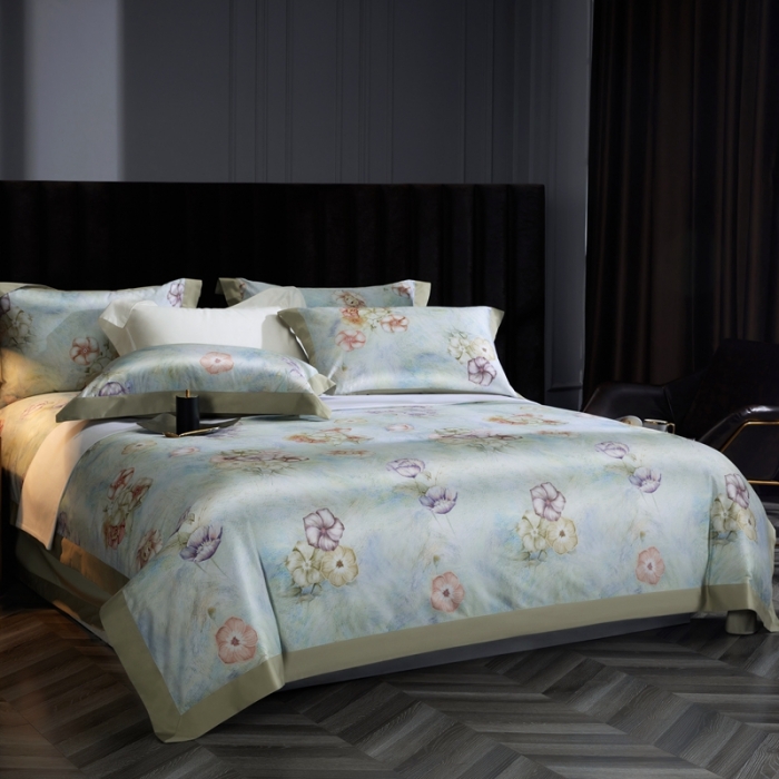 91家纺网 家纺一手货源 找家纺 缔缦 2023新款100s长绒棉拼角款数码印花四件套 旖旎-绿