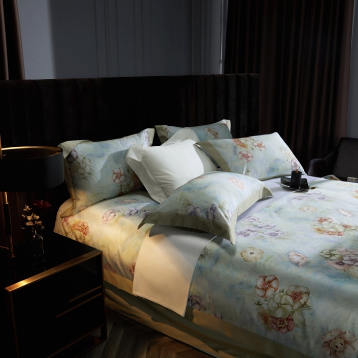 91家纺网 家纺一手货源 找家纺 缔缦 2023新款100s长绒棉拼角款数码印花四件套 旖旎-绿