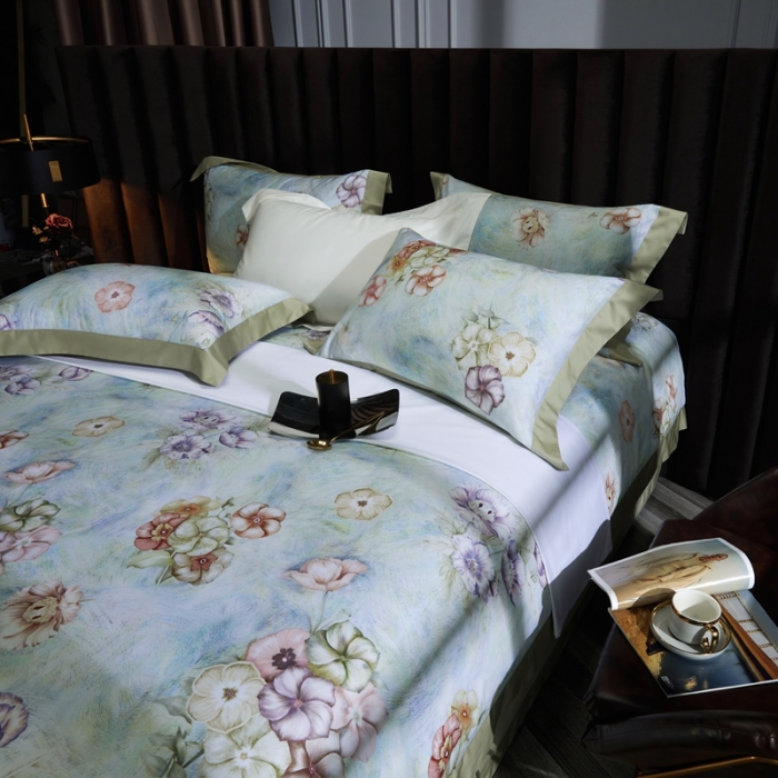 91家纺网 家纺一手货源 找家纺 缔缦 2023新款100s长绒棉拼角款数码印花四件套 旖旎-绿