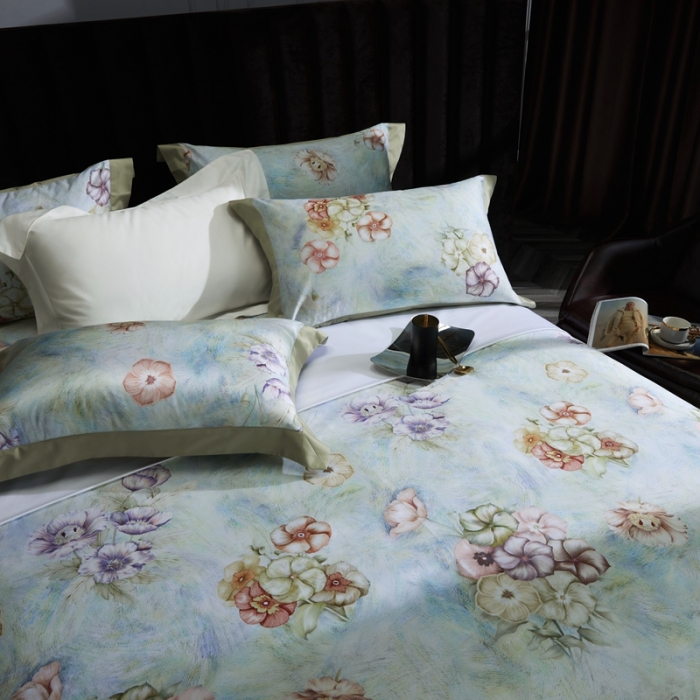 91家纺网 家纺一手货源 找家纺 缔缦 2023新款100s长绒棉拼角款数码印花四件套 旖旎-绿