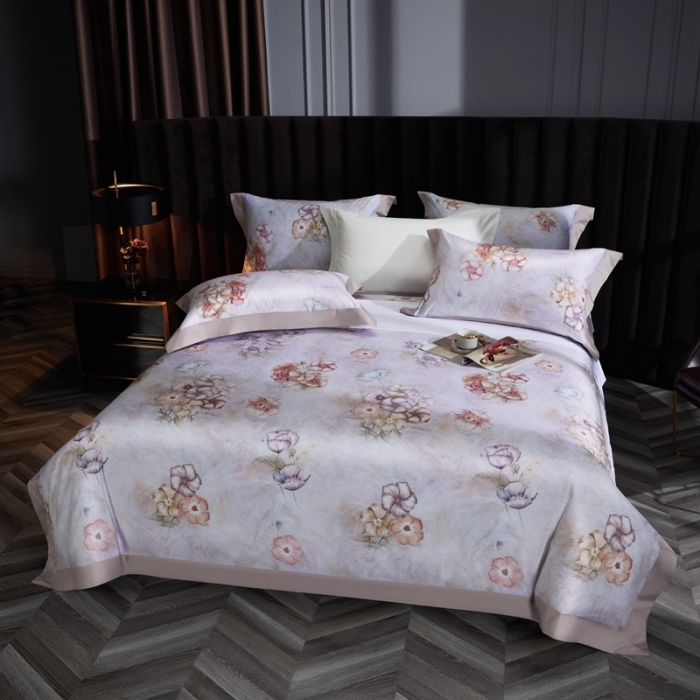 91家纺网 家纺一手货源 找家纺 缔缦 2023新款100s长绒棉拼角款数码印花四件套 旖旎-紫