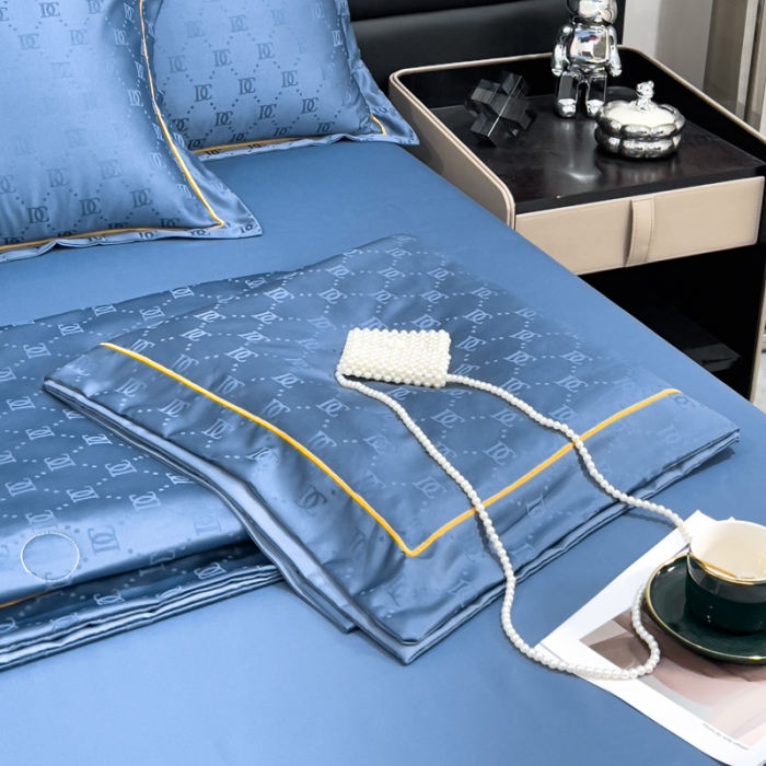 91家纺网 家纺一手货源 找家纺 丽卡家纺2023直播60S贡缎提花水洗真丝夏被四件套水洗天丝夏凉被空调被 迪克-宾利蓝