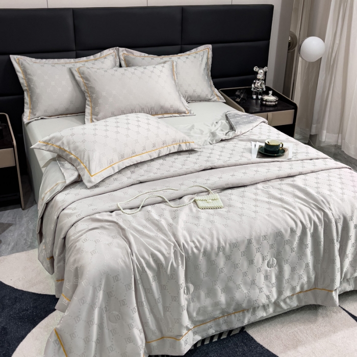 91家纺网 家纺一手货源 找家纺 丽卡家纺2023直播60S贡缎提花水洗真丝夏被四件套水洗天丝夏凉被空调被 迪克-亮银灰