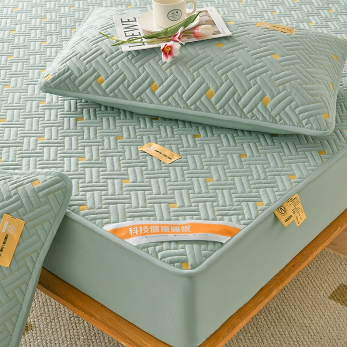 91家纺网 家纺一手货源 找家纺 鑫钰 2023新款防水隔尿全棉纯棉大豆夹棉刺绣床笠直播爆款 薄荷绿