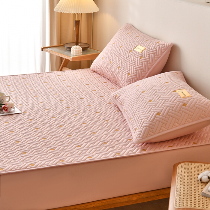 91家纺网 家纺一手货源 找家纺 鑫钰 2023新款防水隔尿全棉纯棉大豆夹棉刺绣床笠直播爆款 豆蔻粉