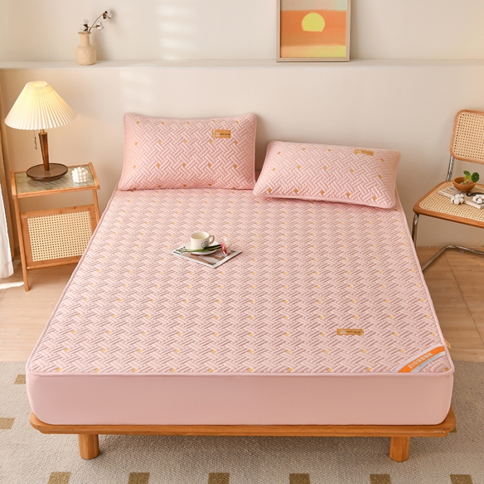 91家纺网 家纺一手货源 找家纺 鑫钰 2023新款防水隔尿全棉纯棉大豆夹棉刺绣床笠直播爆款 豆蔻粉