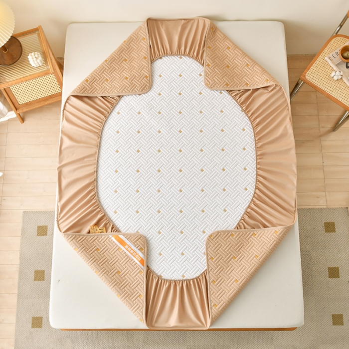 91家纺网 家纺一手货源 找家纺 鑫钰 2023新款防水隔尿全棉纯棉大豆夹棉刺绣床笠直播爆款 卡其