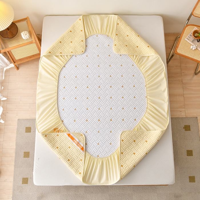 91家纺网 家纺一手货源 找家纺 鑫钰 2023新款防水隔尿全棉纯棉大豆夹棉刺绣床笠直播爆款 米黄