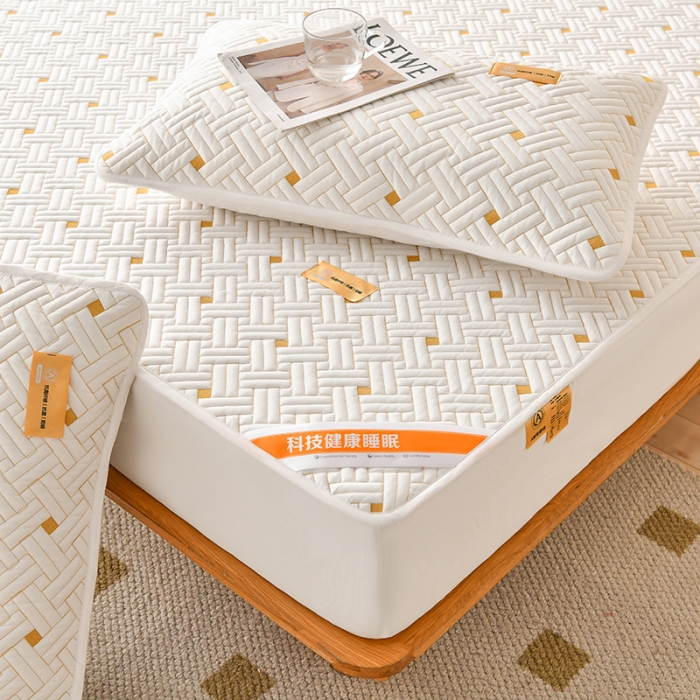 91家纺网 家纺一手货源 找家纺 鑫钰 2023新款防水隔尿全棉纯棉大豆夹棉刺绣床笠直播爆款 优雅白