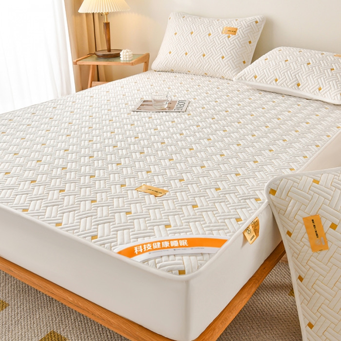 91家纺网 家纺一手货源 找家纺 鑫钰 2023新款防水隔尿全棉纯棉大豆夹棉刺绣床笠直播爆款 优雅白