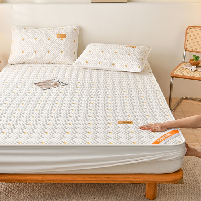 91家纺网 家纺一手货源 找家纺 鑫钰 2023新款防水隔尿全棉纯棉大豆夹棉刺绣床笠直播爆款 优雅白