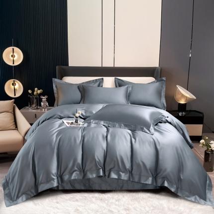 91家纺网 家纺一手货源 找家纺 青竹苑 2023新款100支全棉贡缎四件套纯色拼色包线压边工艺四件套 灰蓝