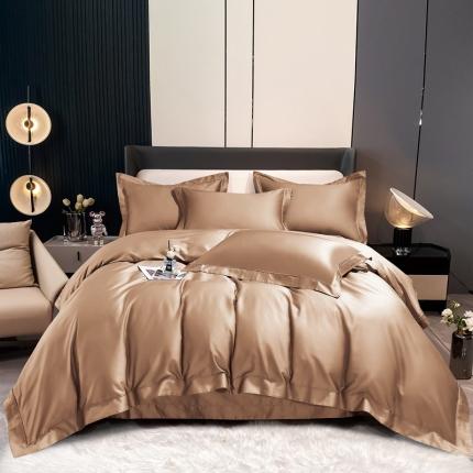 91家纺网 家纺一手货源 找家纺 青竹苑 2023新款100支全棉贡缎四件套纯色拼色包线压边工艺四件套 香槟金