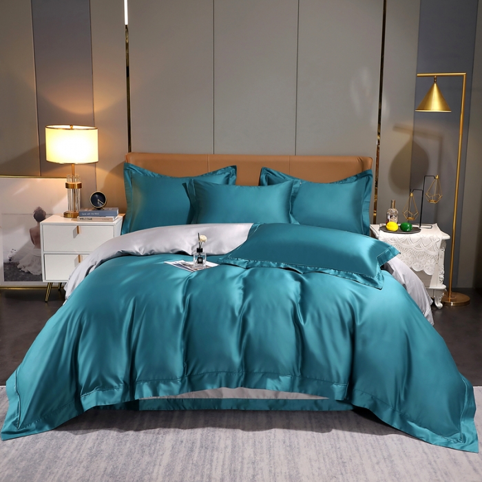 91家纺网 家纺一手货源 找家纺 青竹苑 2023新款100支全棉贡缎四件套纯色拼色包线压边工艺四件套 恋曲