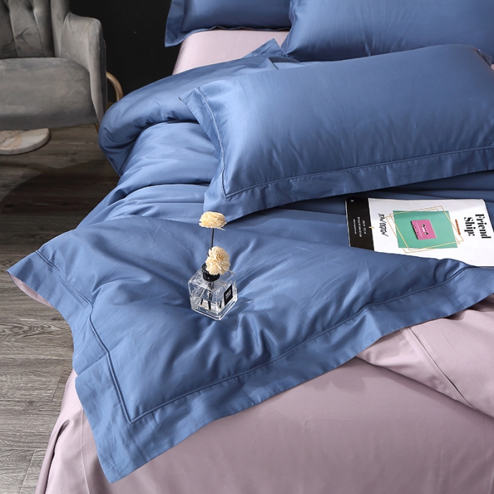 91家纺网 家纺一手货源 找家纺 青竹苑 2023新款100支全棉贡缎四件套纯色拼色包线压边工艺四件套 米兰