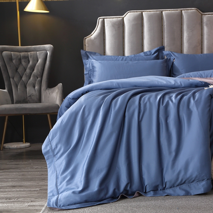 91家纺网 家纺一手货源 找家纺 青竹苑 2023新款100支全棉贡缎四件套纯色拼色包线压边工艺四件套 米兰