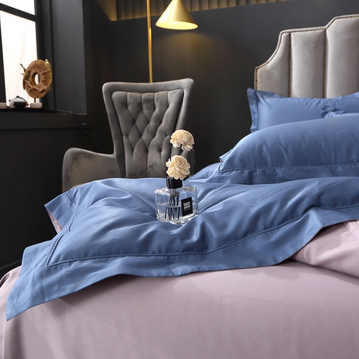 91家纺网 家纺一手货源 找家纺 青竹苑 2023新款100支全棉贡缎四件套纯色拼色包线压边工艺四件套 米兰