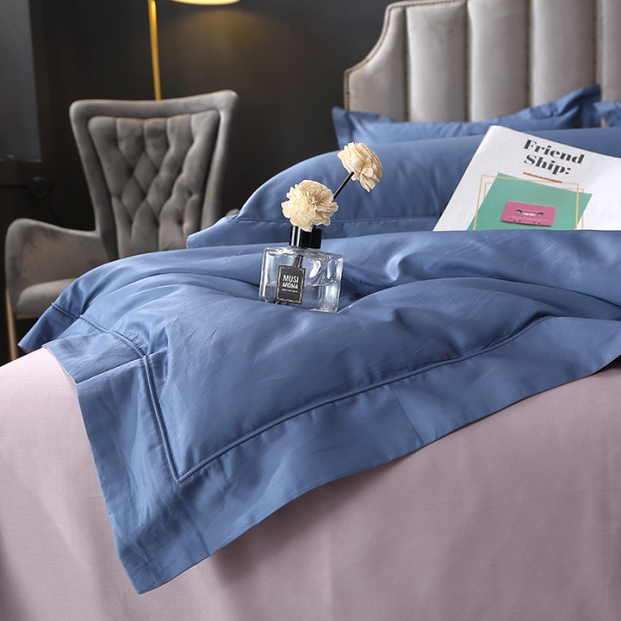 91家纺网 家纺一手货源 找家纺 青竹苑 2023新款100支全棉贡缎四件套纯色拼色包线压边工艺四件套 米兰