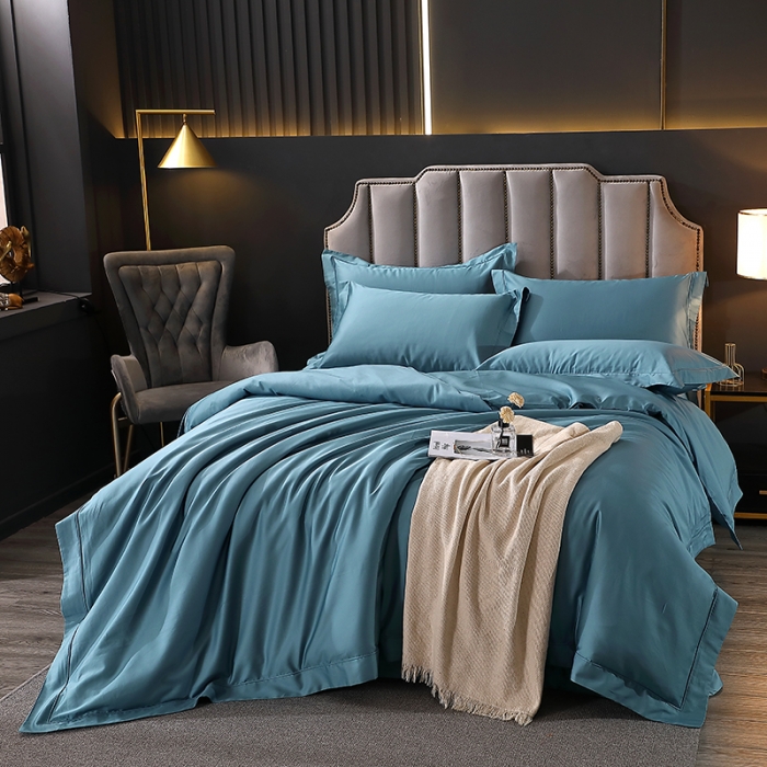 91家纺网 家纺一手货源 找家纺 青竹苑 2023新款100支全棉贡缎四件套纯色拼色包线压边工艺四件套 韵岚