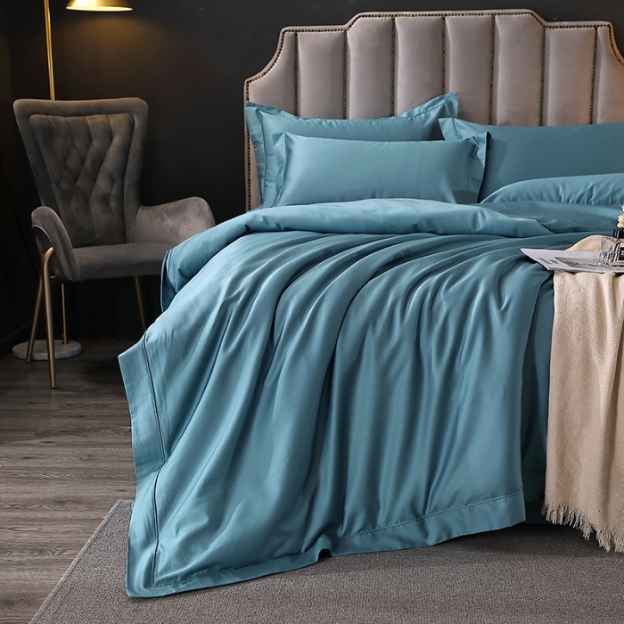 91家纺网 家纺一手货源 找家纺 青竹苑 2023新款100支全棉贡缎四件套纯色拼色包线压边工艺四件套 韵岚