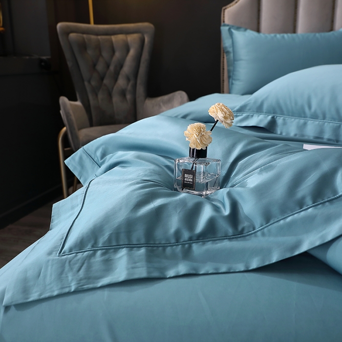 91家纺网 家纺一手货源 找家纺 青竹苑 2023新款100支全棉贡缎四件套纯色拼色包线压边工艺四件套 韵岚