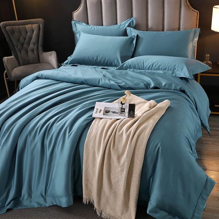 91家纺网 家纺一手货源 找家纺 青竹苑 2023新款100支全棉贡缎四件套纯色拼色包线压边工艺四件套 韵岚