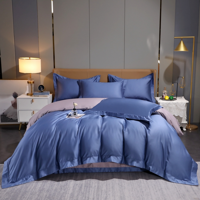 91家纺网 家纺一手货源 找家纺 青竹苑 2023新款100支全棉贡缎四件套纯色拼色包线压边工艺四件套 米兰