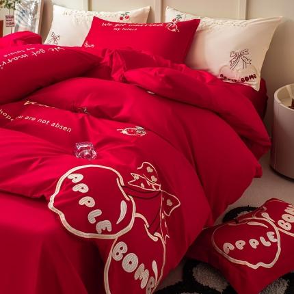 【婚庆爆款】100支长绒棉四件套全棉纯棉刺绣床单被套红色结婚床上用品
