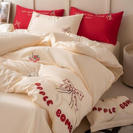 【婚庆爆款】100支长绒棉四件套全棉纯棉刺绣床单被套红色结婚床上用品