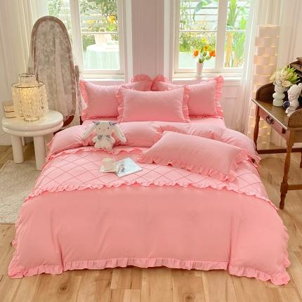 91家纺网 家纺一手货源 找家纺 艺玲 2023新款韩版磨毛花边床裙时尚款甜美系列四件套 甜美-嫣红