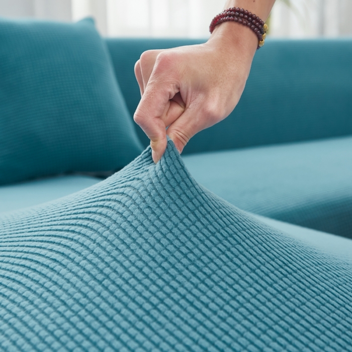 91家纺网 家纺一手货源 找家纺 丝绮鹿 2023新款玉米粒全包沙发套 贵妃沙发-西湖蓝
