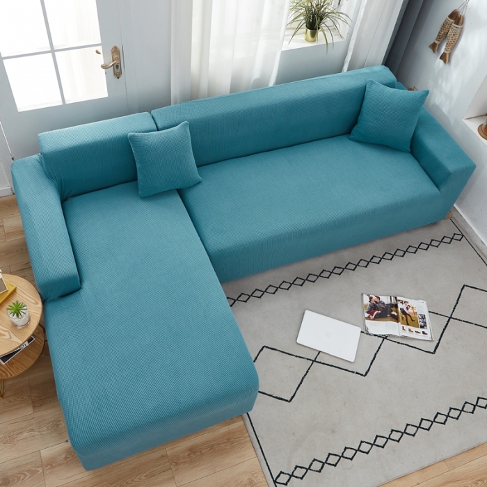 91家纺网 家纺一手货源 找家纺 丝绮鹿 2023新款玉米粒全包沙发套 贵妃沙发-西湖蓝