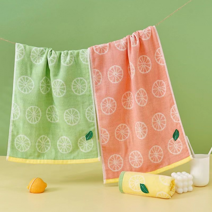 91家纺网 家纺一手货源 找家纺 宿倩佳 2023新款20支超柔单纱柠檬清晨系列全棉毛巾浴巾套装 清晨柠檬-粉毛巾34*73cm