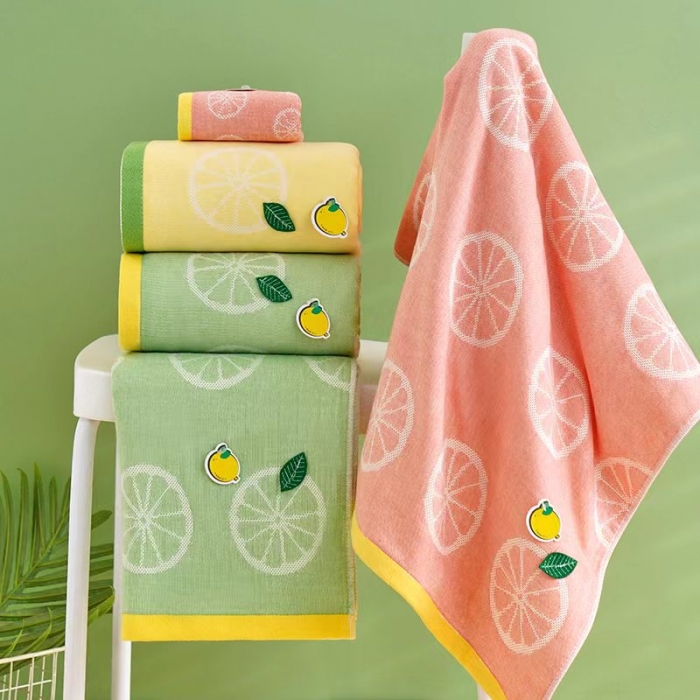 91家纺网 家纺一手货源 找家纺 宿倩佳 2023新款20支超柔单纱柠檬清晨系列全棉毛巾浴巾套装 清晨柠檬-黄毛巾浴巾套装