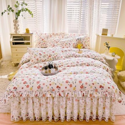 91家纺网 家纺一手货源 找家纺 宜凡 2023新款 全棉床笠式床裙四件套 夕颜甜心