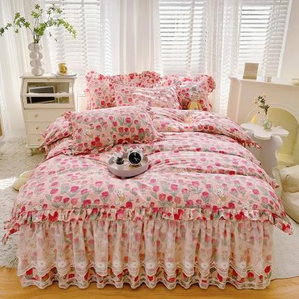 91家纺网 家纺一手货源 找家纺 宜凡 2023新款 全棉床笠式床裙四件套 郁金粉兔