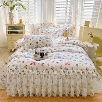 宜凡 2023新款 全棉床笠式床裙四件套 少女花兔