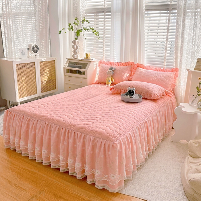 91家纺网 家纺一手货源 找家纺 宜凡 2023新款 全棉床笠式床裙三件套 公主粉