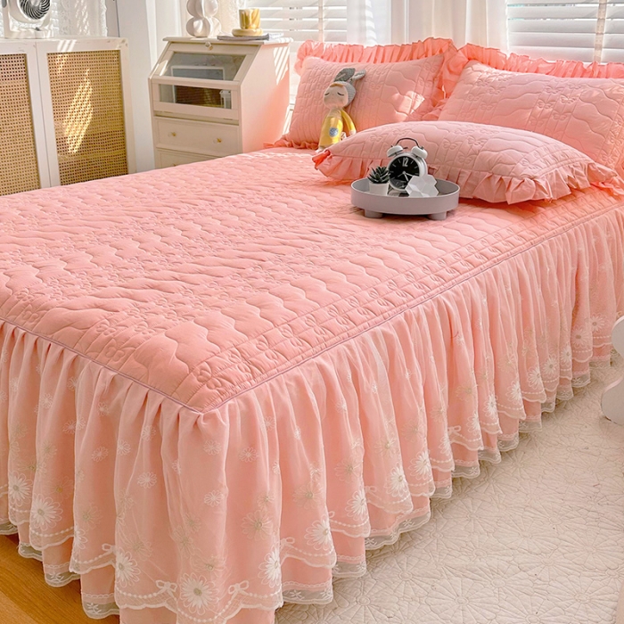 91家纺网 家纺一手货源 找家纺 宜凡 2023新款 全棉床笠式床裙三件套 公主粉