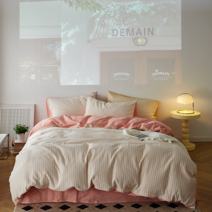 91家纺网 家纺一手货源 找家纺 安莱 2023新款爆款水洗棉提花锦瑟基础款四件套 锦瑟基础款-嫩粉