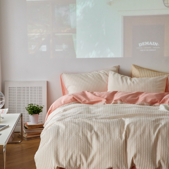 91家纺网 家纺一手货源 找家纺 安莱 2023新款爆款水洗棉提花锦瑟基础款四件套 锦瑟基础款-嫩粉