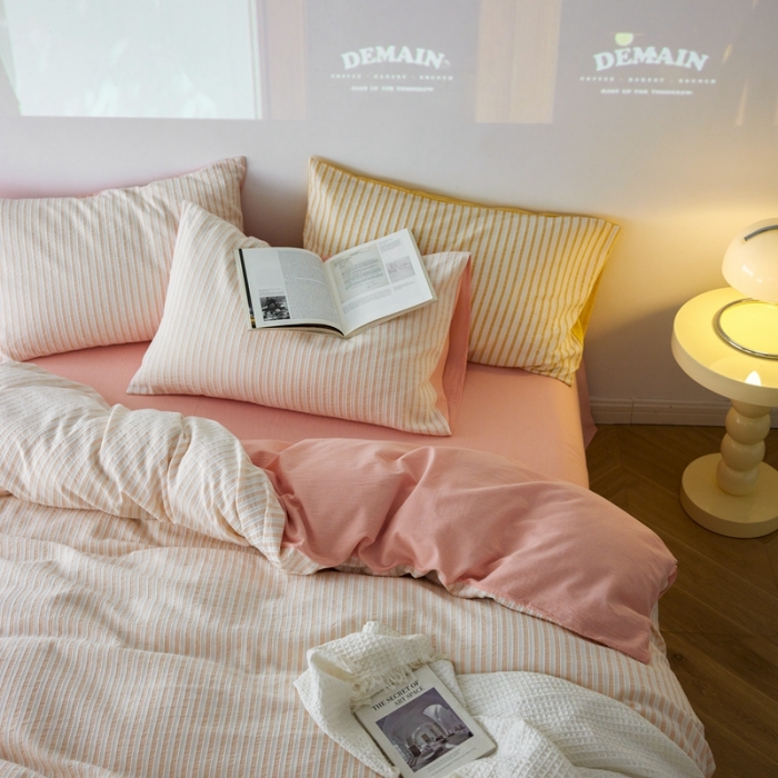 91家纺网 家纺一手货源 找家纺 安莱 2023新款爆款水洗棉提花锦瑟基础款四件套 锦瑟基础款-嫩粉