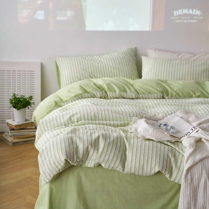 91家纺网 家纺一手货源 找家纺 安莱 2023新款爆款水洗棉提花锦瑟基础款四件套 锦瑟基础款-嫩绿