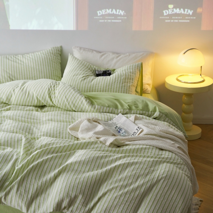 91家纺网 家纺一手货源 找家纺 安莱 2023新款爆款水洗棉提花锦瑟基础款四件套 锦瑟基础款-嫩绿